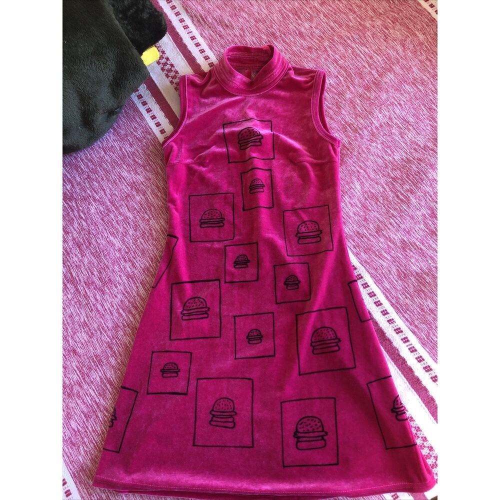 OOAK Handpainted Hamburger Comix Pink Velvet Art Bodycon XXS Cartoon Dress